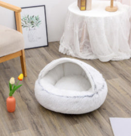 Lit 2 en 1 pour chien et chat - Lit d'hiver rond en peluche chaud pour animaux de compagnie - Lit doux et long en peluche pour animaux de compagnie